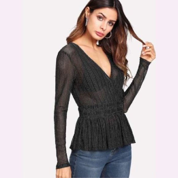 SHEIN Tops - Shein Ruffle Hem Glitter Mesh Peplum Top - Size M